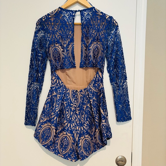 Lace blue/brown lined Backless Shorts Jumpsuit size XS-S - Picture 2 of 16